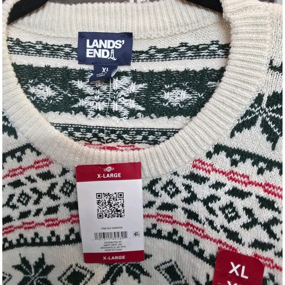 Lands End Mens Fair Isle Holiday Dog Sweater Crew Neck Size XL Geometric Winter
